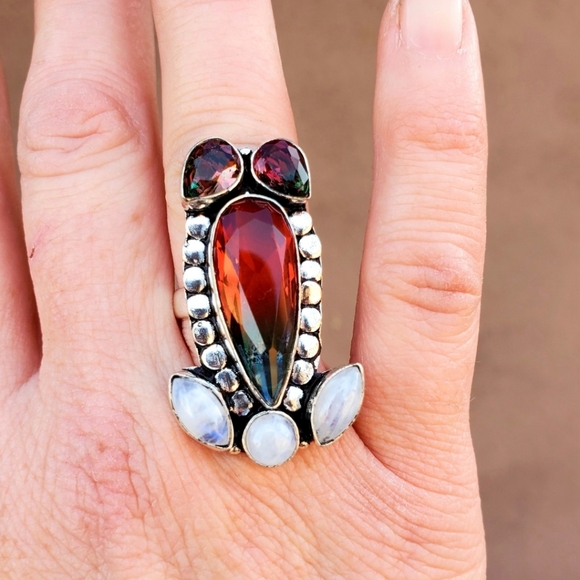 New Bi-Color Tourmaline and Rainbow Moonstone 925 Silver Ring. - Picture 10 of 14
